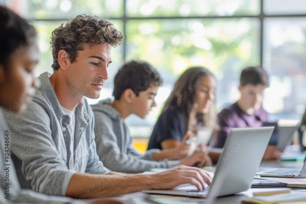 A high school classroom filled with natural light, where students are focused on their laptops, and the teacher is assisting one of them A high school classroom filled with natural light, where students are focused on their laptops, and the teacher is assisting one of them