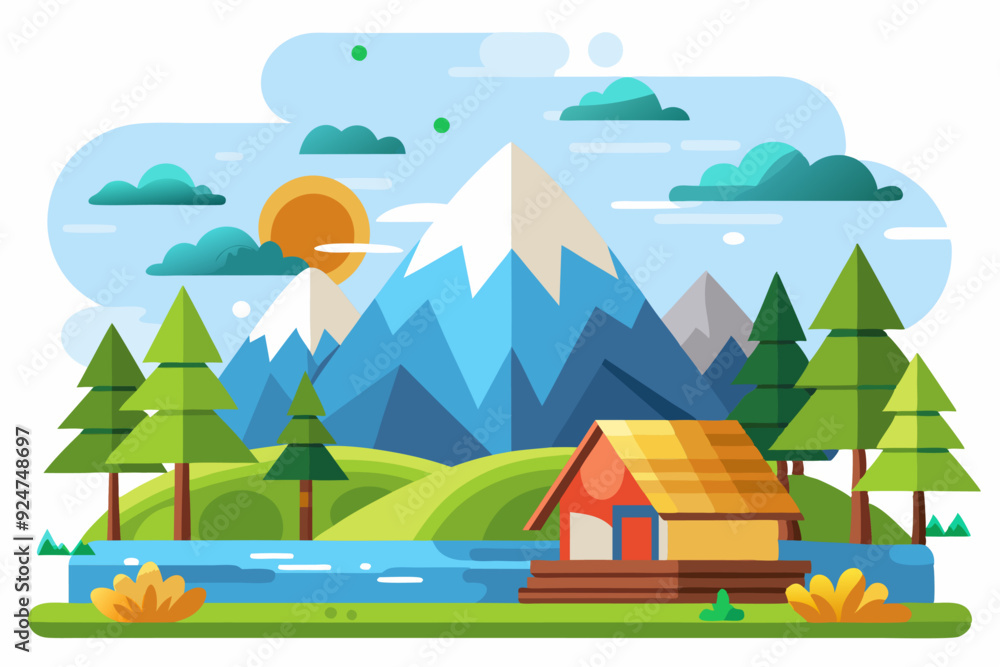 Mountain Landscape with a Cabin by a River Mountain Landscape with a Cabin by a River