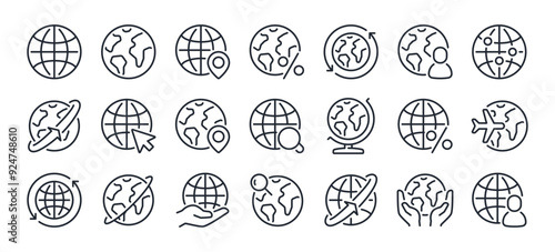 Globe and planet related editable stroke outline icons set isolated on white background flat vector illustration. Pixel perfect. 64 x 64. photo