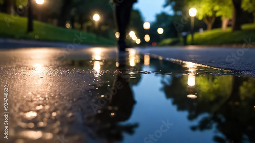 Evening Park Walkway with Reflective Puddle