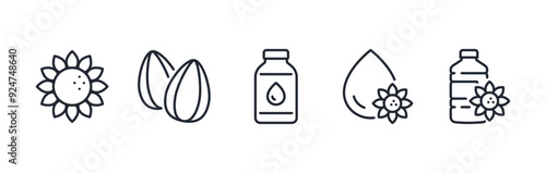 Sunflower seeds and oil related editable stroke outline icons set isolated on white background flat vector illustration. Pixel perfect. 64 x 64.