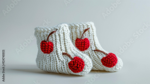 White handmade baby booties with crocheted red cherries on them. photo