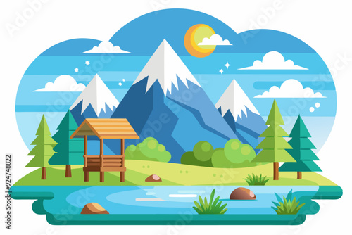 A scenic landscape with a wooden gazebo nestled among mountains, trees, and a river.