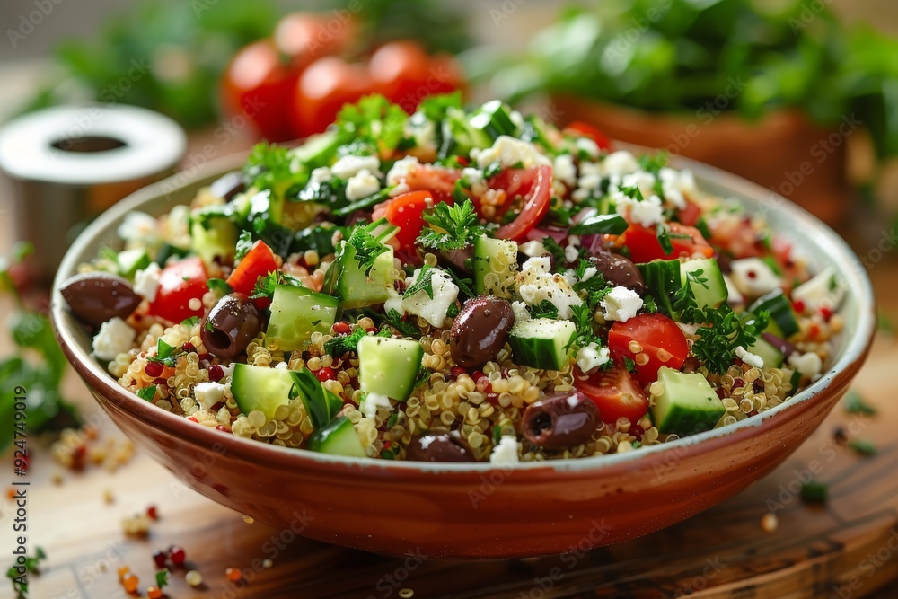 A vibrant quinoa salad with vegetables, herbs, and feta cheese, served in a rustic bowl. A vibrant quinoa salad with vegetables, herbs, and feta cheese, served in a rustic bowl.