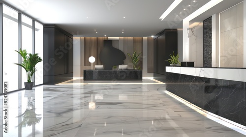 Hotel lobby interior with reception desk, sofas, marble floor and long bar photo