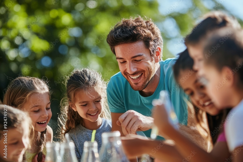 A teacher conducting a hands-on science experiment outdoors, with students gathered around, excitedly observing the results A teacher conducting a hands-on science experiment outdoors, with students gathered around, excitedly observing the results