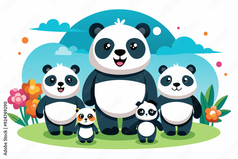 A Family of Five Adorable Cartoon Pandas Standing Together in a Green Meadow A Family of Five Adorable Cartoon Pandas Standing Together in a Green Meadow