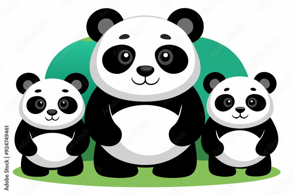 Fototapeta premium A Family of Three Pandas Standing on Green Grass