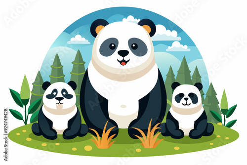 A Family of Pandas in a Forest Setting