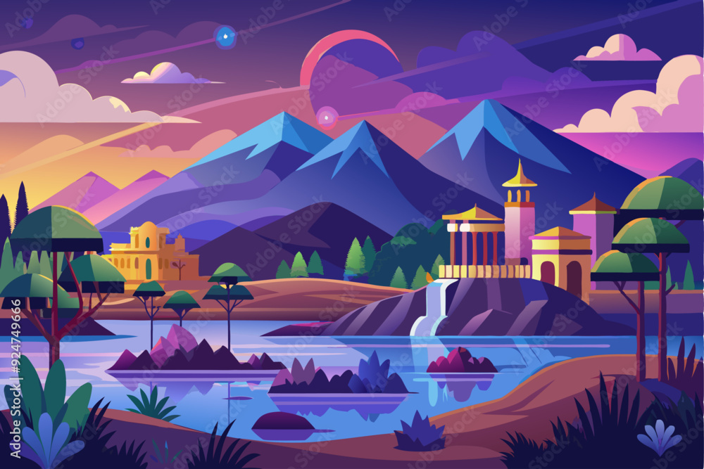 Naklejka premium Fantasy Landscape with a Waterfall and a Castle in the Mountains