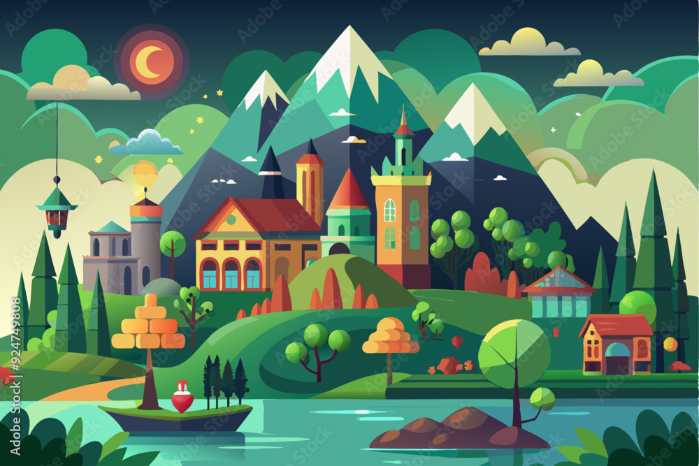 Nighttime Village nestled in Mountainous Landscape with River and Crescent Moon Nighttime Village nestled in Mountainous Landscape with River and Crescent Moon