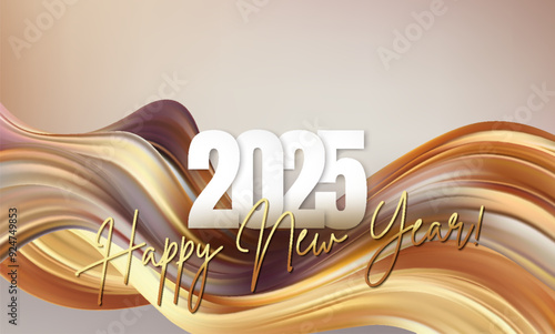 2025 Happy New Year Abstract gold and pink plasticine wave background. Pastel flow shape