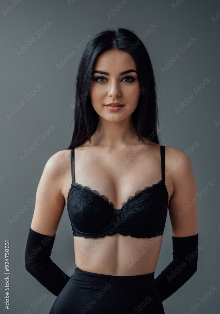 Fototapeta premium Fashion model posing in studio on plain gray background. Portrait of young woman with black hair.