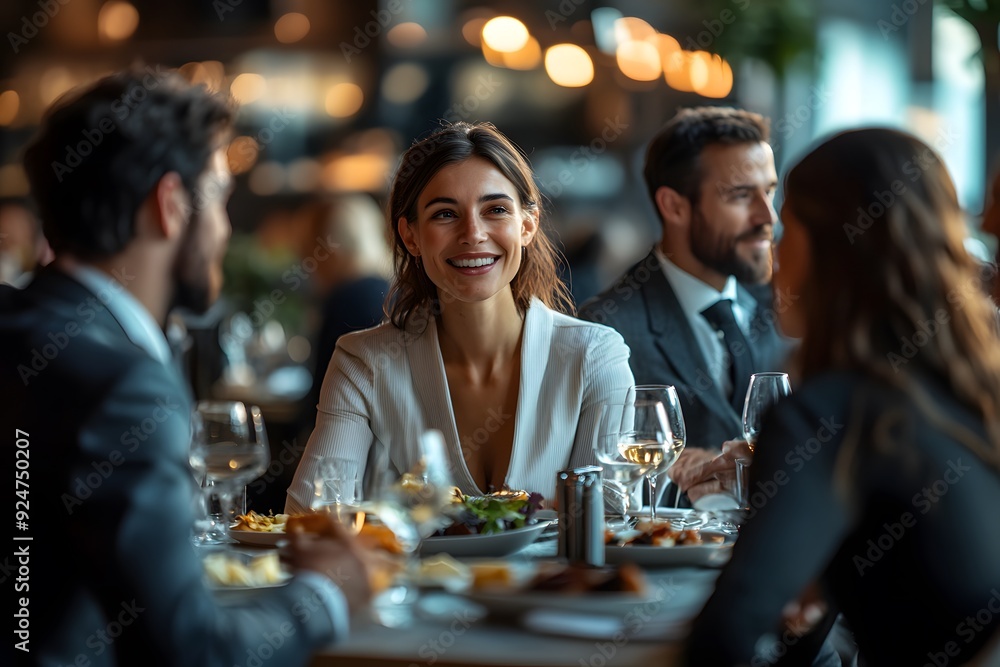 custom made wallpaper toronto digitalA group of elegant professionals engaged in lively conversation over a shared meal at a sleek, modern restaurant. The ambiance is warm and inviting