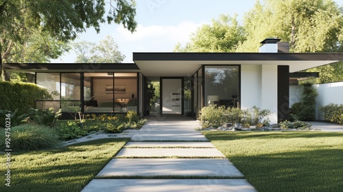 Modern home with large windows and a patio, surrounded by green trees and shrubs.