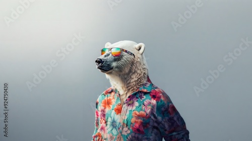 A polar bear wearing sunglasses and a floral shirt stands against a simple background, embodying the concept of fashion and animal protection, used for decorating paintings and portrait scenes-5K photo