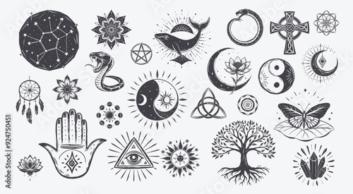 mystic magic symbols, sun moon stars snakes hands natural elements, eye butterfly dreamcatcher crystal