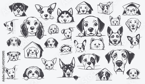 Different dog breeds peeking out, nose ears coat fur