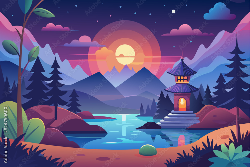 Fototapeta premium A Pagoda on a Lake With Mountain Range and Sunset Sky