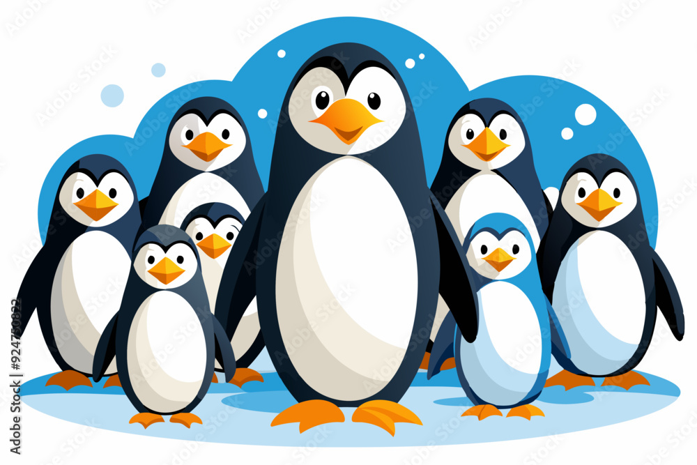Naklejka premium Group of Cartoon Penguins Standing on Ice