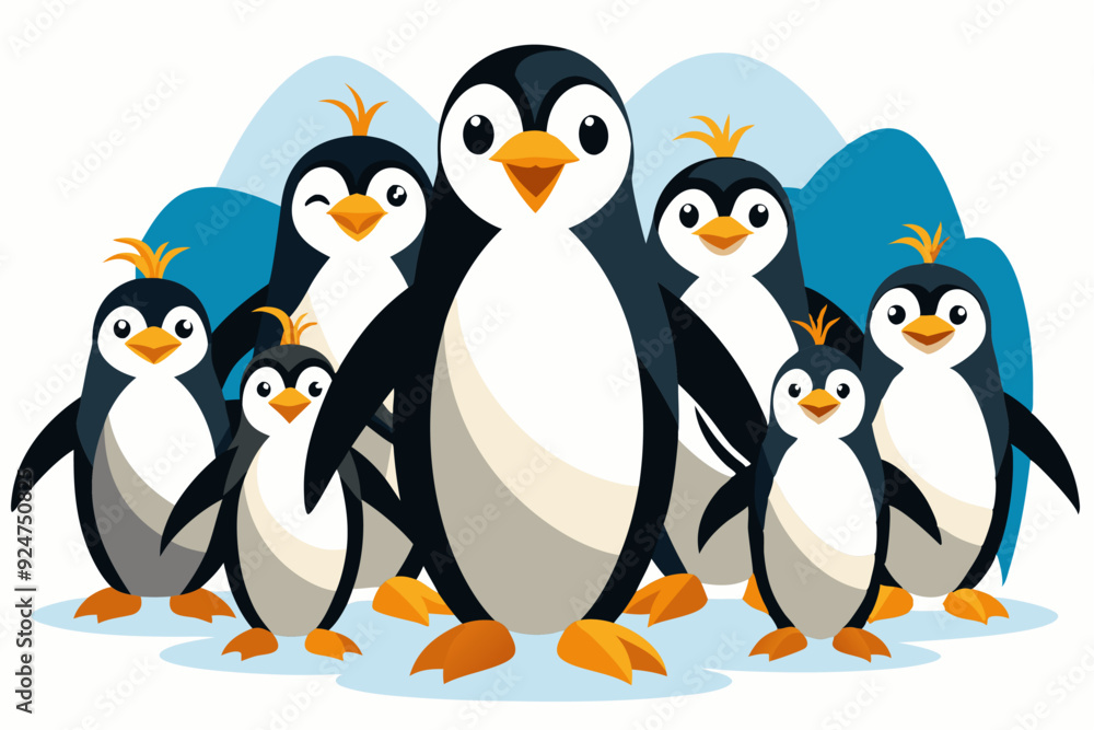 Fototapeta premium Group of Seven Cartoon Penguins Standing on Ice