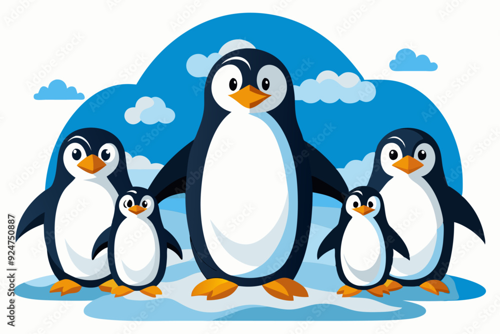 Naklejka premium Five Cartoon Penguins Standing on Ice Against a Blue Sky Background