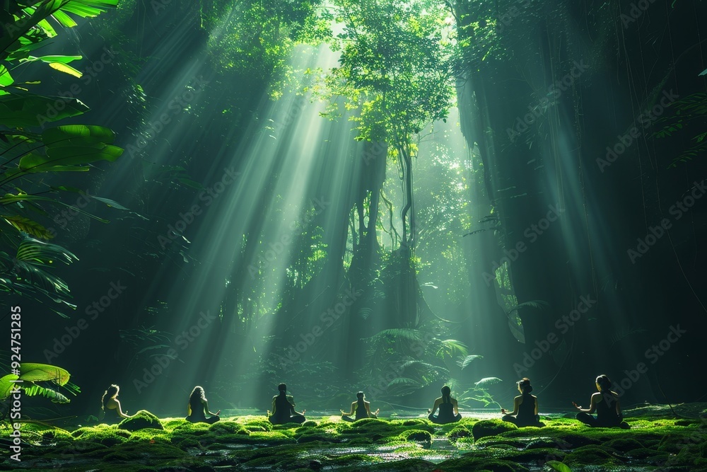 Mindfulness Retreat in Lush Forest with Meditating Group Surrounded by Trees.