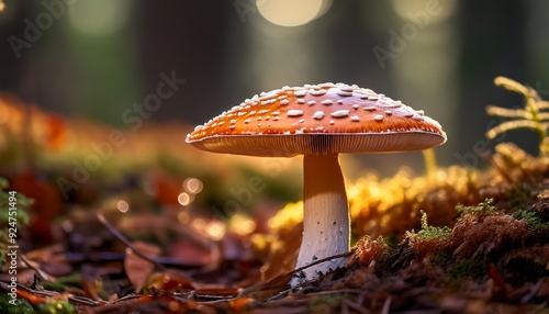 Amanita mushroom closeup, illuminated by sunlight in forest, mycological wonder, autumnal landscape, dreamy, nature, macro photography, warm tones