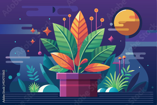 A potted plant with colorful leaves against a nighttime sky background