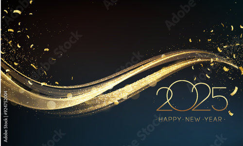 2025 Happy New Year Abstract shiny Gold glitter wave with Foil Confetti design element