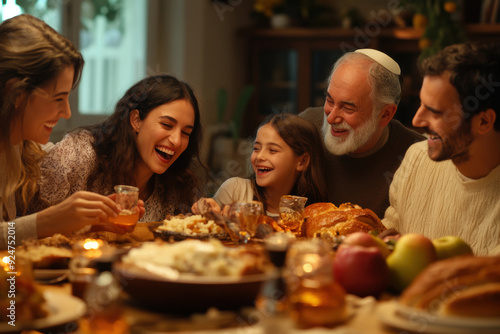 Scene dedicated to the Jewish holiday Rosh ha-Shanah: Close-up of honey being drizzled onto a sliced apple, with warm, blurred bokeh lights in the background, creating a cozy atmosphere.
