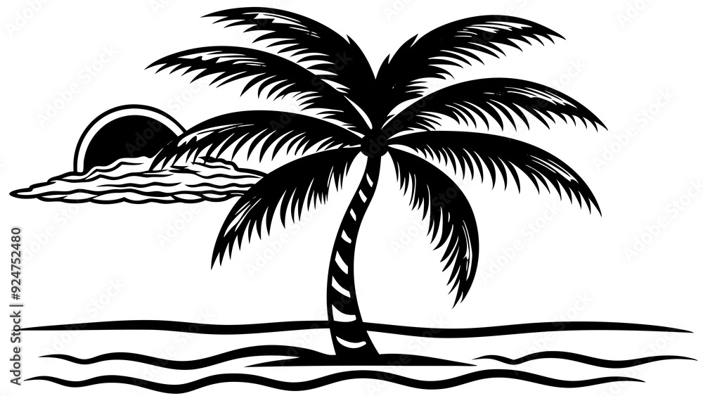 Elegant Palm Tree Outline Against Sunset Beach - Graphic Design Elegant Palm Tree Outline Against Sunset Beach - Graphic Design