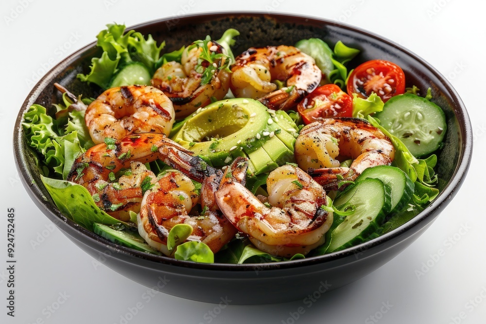 A vibrant salad featuring grilled shrimp, avocado, and fresh vegetables in a dark bowl. A vibrant salad featuring grilled shrimp, avocado, and fresh vegetables in a dark bowl.