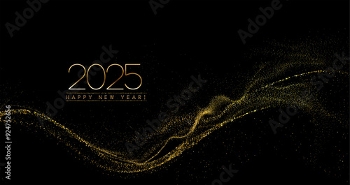 2025 Happy New Year Abstract shiny Gold wave with glitter design element