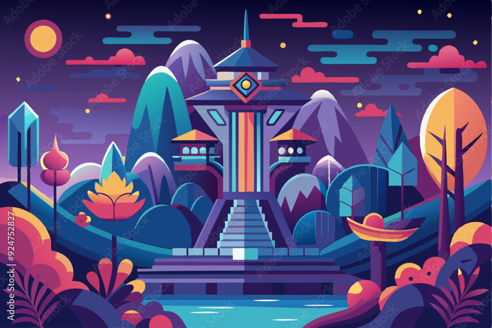 Obraz premium A Mystical Geometric Tower in a Nighttime Fantasy Landscape