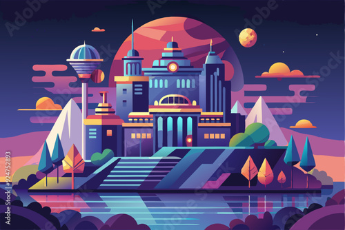 Futuristic Cityscape with Red Planet and Moon in Night Sky