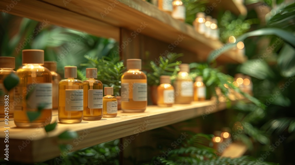Organic Spa Setting with Natural Skincare Products on Bamboo Shelves Organic Spa Setting with Natural Skincare Products on Bamboo Shelves
