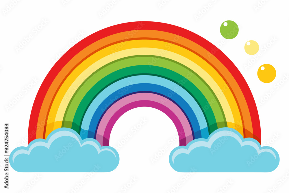 Colorful Rainbow Arcing Over Two White Clouds with Three Yellow and Green Circles