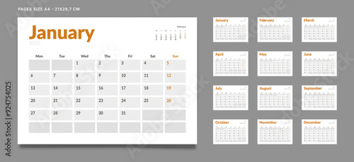 Set of 12 Pages Monthly Calendar Planner Templates on 2025 year. Vector mockup of a wall or desktop calendar with the week start on Monday for print. Pages size A4 -21x29.7cm