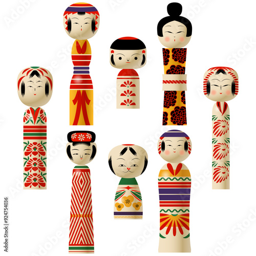Traditional Japanese Wooden Dolls. Kokeshi dolls
