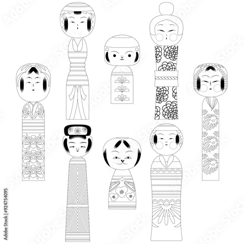 Traditional Japanese Wooden Dolls. Kokeshi dolls. Coloring page