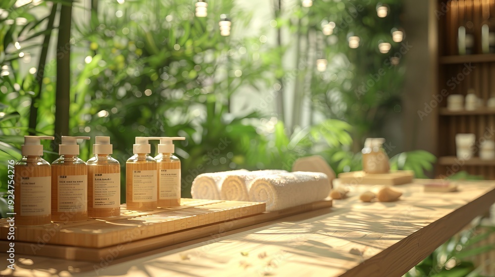 Organic Spa Setting Featuring Natural Skincare Products on Bamboo Shelves Organic Spa Setting Featuring Natural Skincare Products on Bamboo Shelves