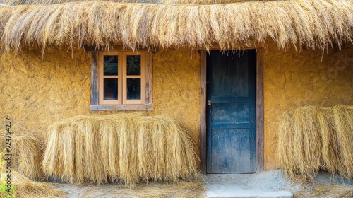 A rustic hut with a thatched roof, a wooden door, and a window. The walls are made of mud and are decorated with straw. photo