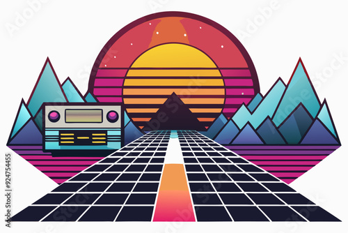 Retro Sunset with Cassette Tape and Geometric Road