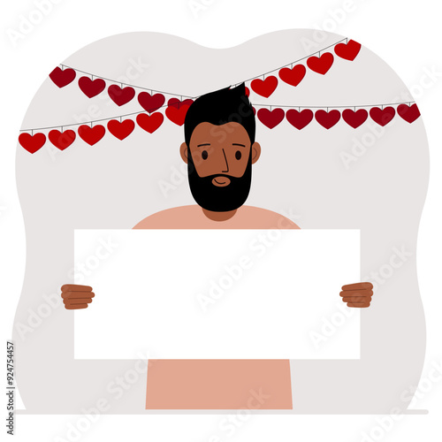 A man is holding a large blank sheet for text. There are many red hearts nearby. The concept of Happy Women, Valentine's Day, father's day, declaration of love or holiday.