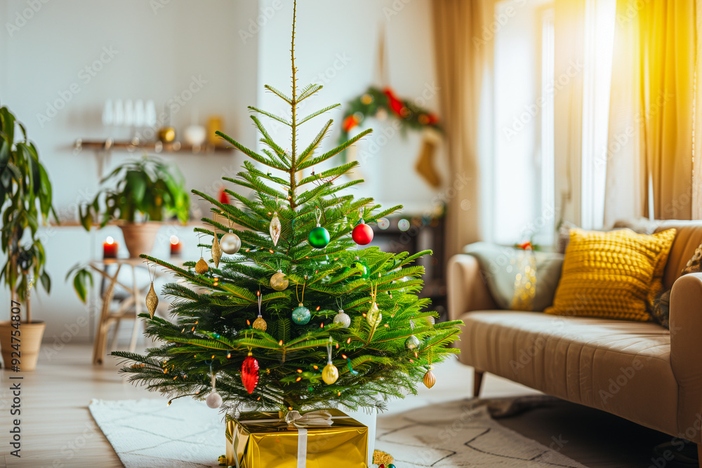A small Christmas tree is in a living room with a couch and a chair A small Christmas tree is in a living room with a couch and a chair