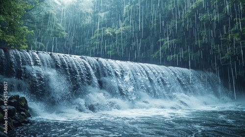 Overflowing Dam Captured During Intense Rain and Environmental Shift