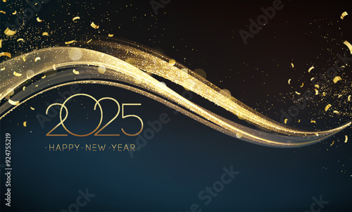 2025 Happy New Year Abstract shiny Gold glitter wave with Foil Confetti design element