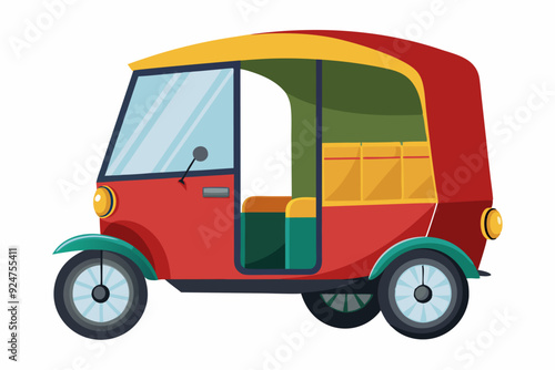 A Red, Yellow, and Green Three-Wheeled Auto Rickshaw