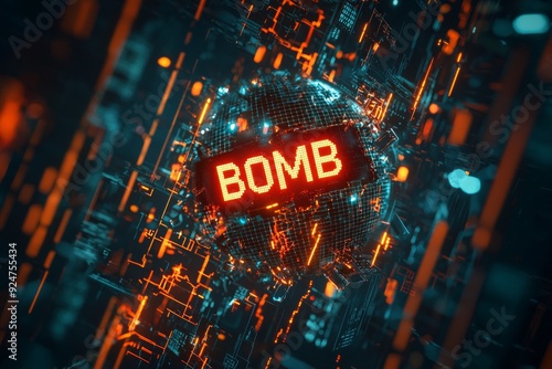 A time bomb icon with "BOMB" text amidst shattered digital shields, symbolizing the breakdown of cybersecurity defenses.